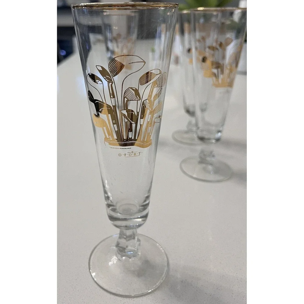 Vintage Clear Glass Champagne Glasses with Gold‎ Golf Clubs by F-O-R-T Set Of 4